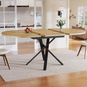 Ausziehbarer Esstisch mit heller Holzoptik-Platte und robustem schwarzem X-Metallgestell im Esszimmer. Rund bis oval.