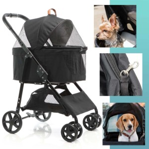 Schwarzer Fudajo 2in1 Hundewagen/Hundebuggy mit abnehmbarer Transporttasche, faltbar, für Haustiere.