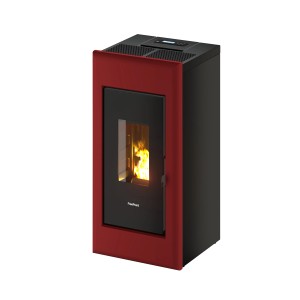 Freepoint Pelletofen One, Stahl Bordeaux, 7 kW. Moderner Ofen mit Sichtfenster und Flammen.