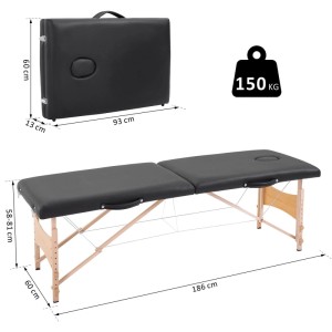 HOMCOM mobile Massageliege, schwarz, höhenverstellbar, mit stabilem Holzgestell, zusammengeklappt als Tasche.