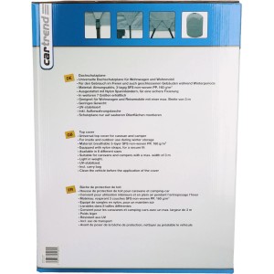 Cartrend Dachschutzplane für Wohnmobile, 8,5x3m, Verpackung mit Produktinfos und Anwendungsbeispielen.