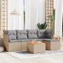 Beige 6-teilige Garten-Sofagarnitur aus Rattan mit grauen Kissen und Tisch. Gartenmöbel für Terrasse und Balkon.