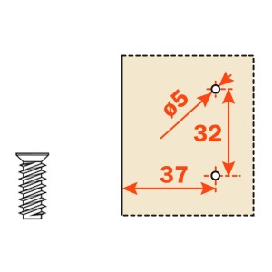 Salice Kreuzmontageplatte: Bohrbild 37x32mm für Euroschrauben Ø5mm. Technische Zeichnung Möbelbeschläge.