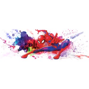 Komar Fototapete: Spider-Man im Graffiti-Stil, dynamische Pose vor buntem Hintergrund.