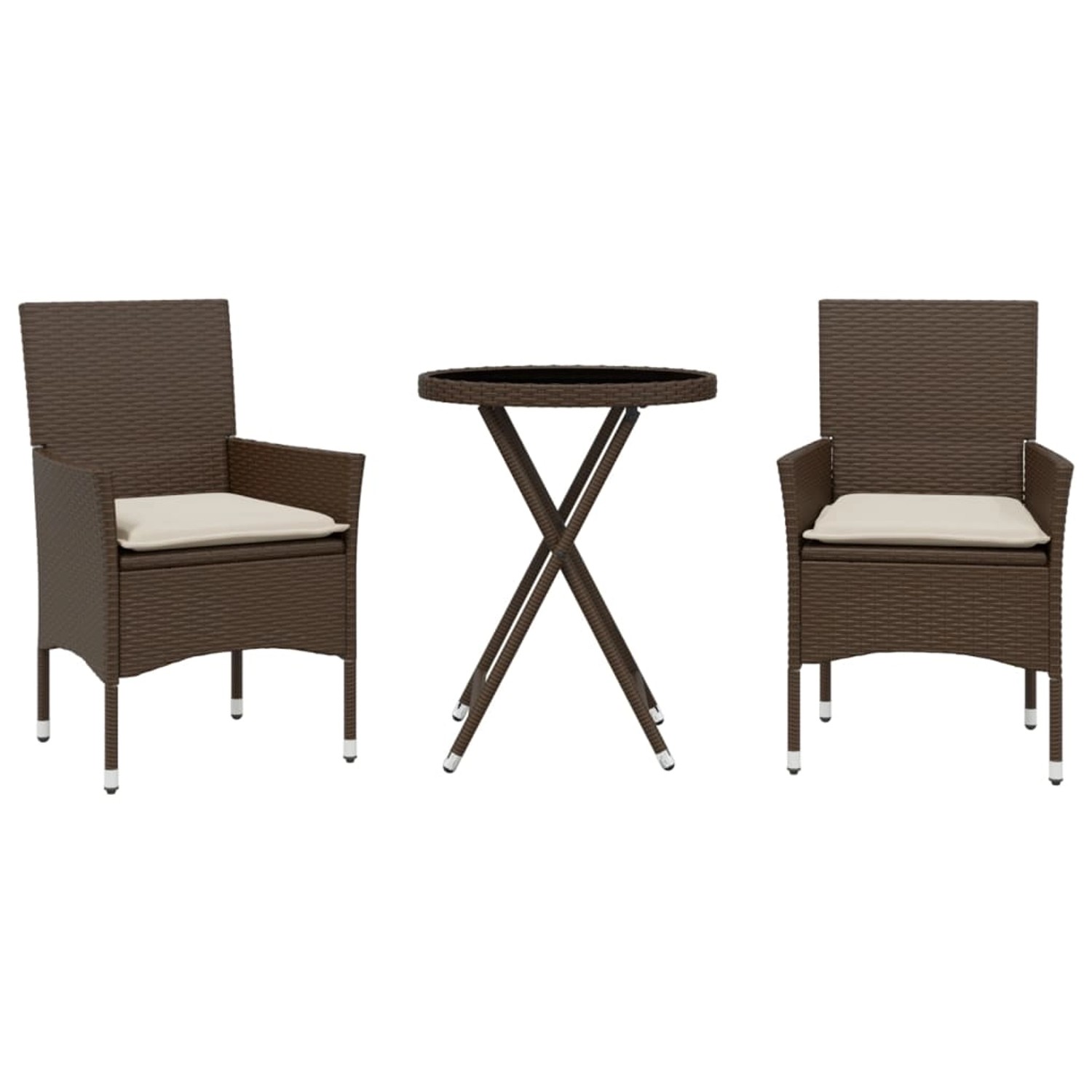 vidaXL 3-Tlg Bistro-Set mit Kissen Braun Poly Rattan und Glas 3278749