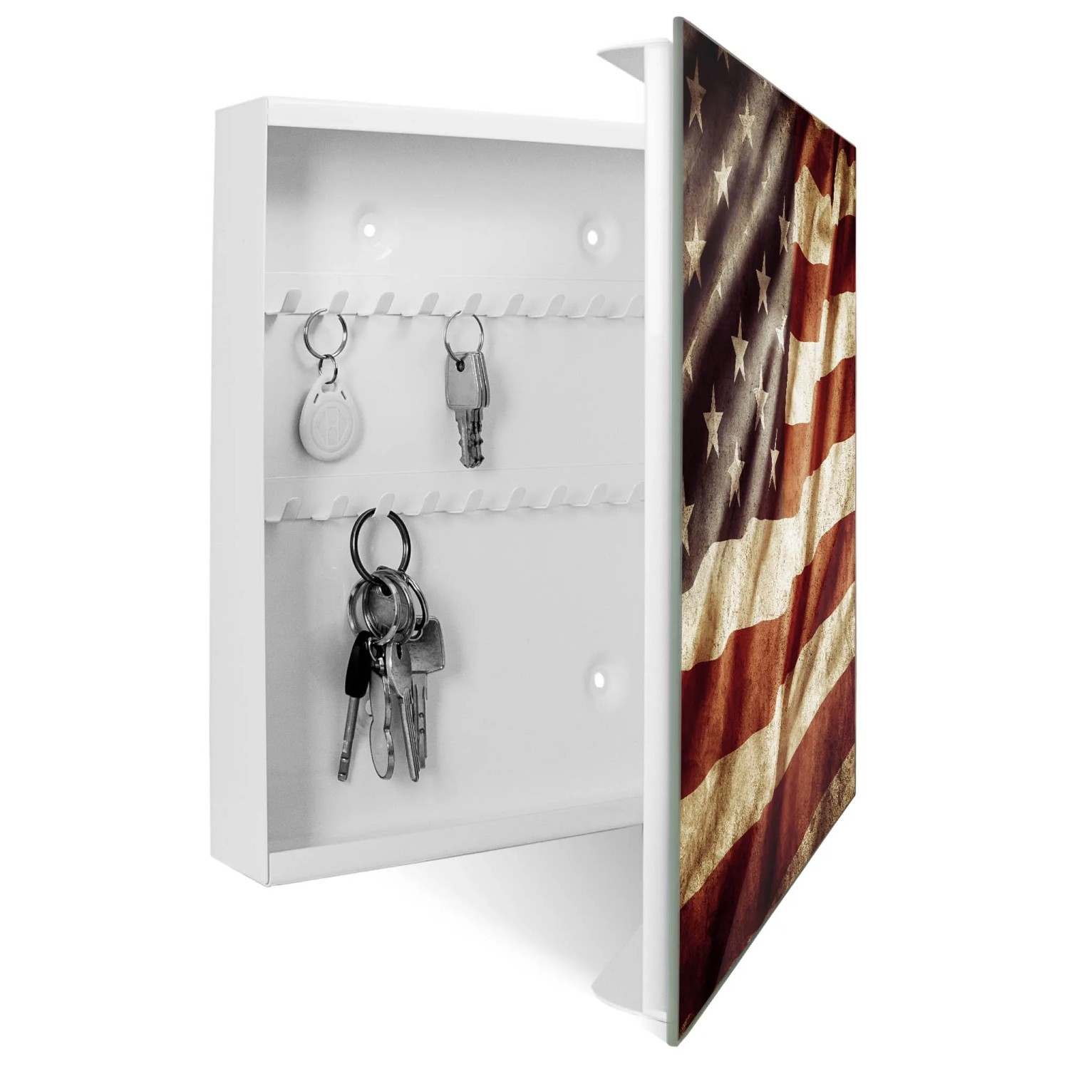 Weißer Schlüsselkasten mit USA-Flagge, Glasfront, 50 Haken, magnetisch und beschreibbar.