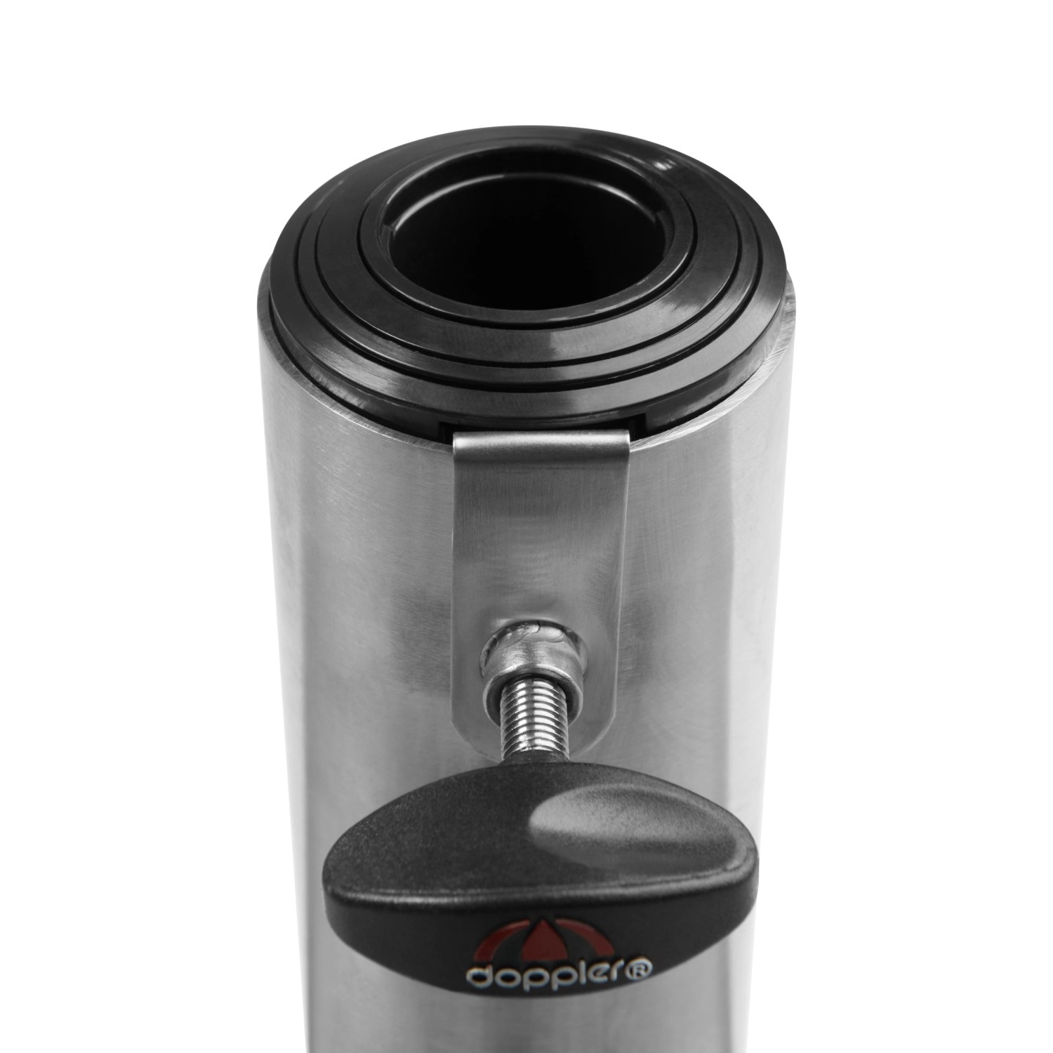 Detailaufnahme: Doppler Granit-Schirmständer Trolley 70 kg mit Feststellschraube und Reduzierringen.