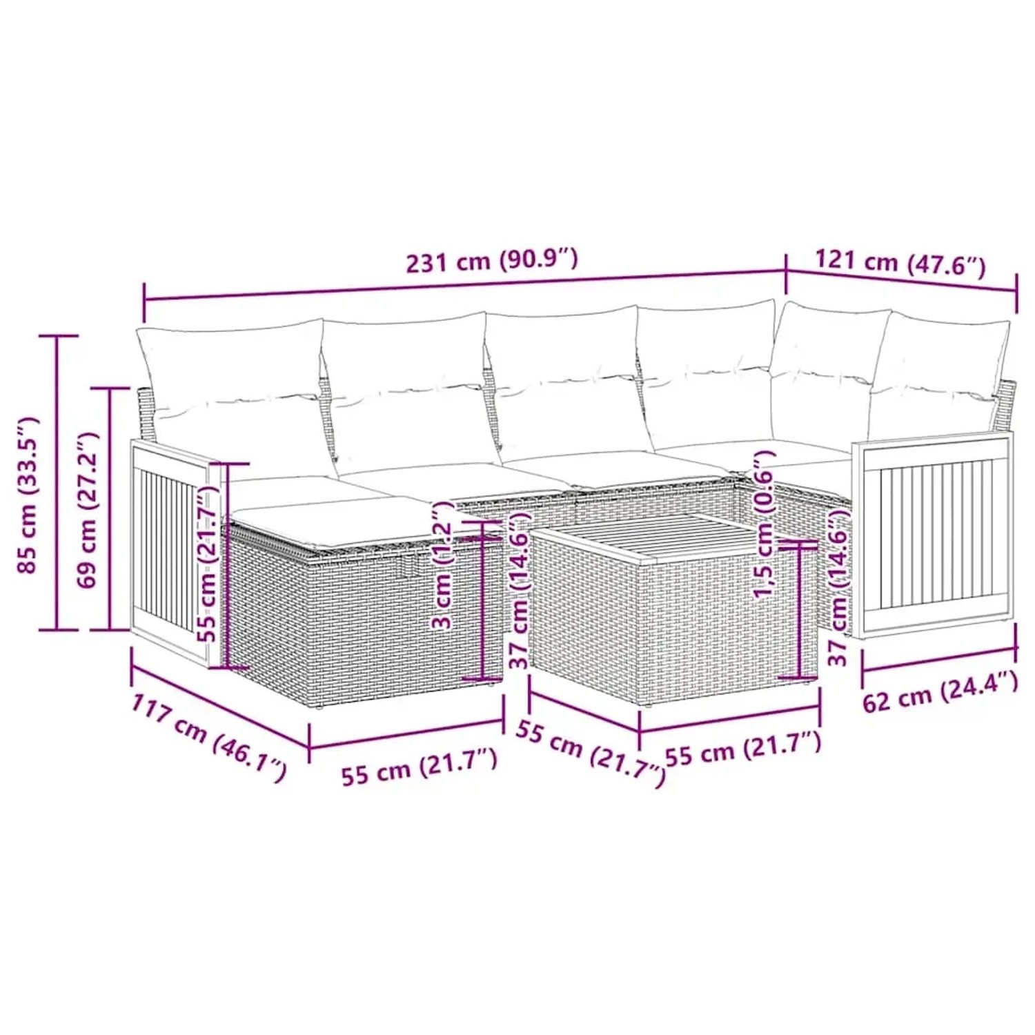 vidaXL 7-tlg. Garten-Sofagarnitur, schwarz, Poly Rattan, mit Maßen. Ideal für Terrasse und Garten.