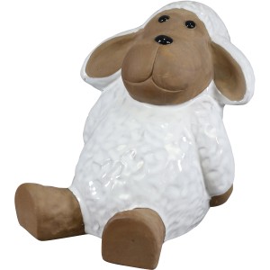 Sitzendes Deko-Schaf aus Keramik, 26x21x25 cm, weiß, für Garten und Haus.