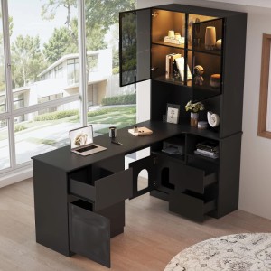 Schwarzer Eckschreibtisch mit Regal, beleuchteter Vitrine, Haustierfach und viel Stauraum für Homeoffice.