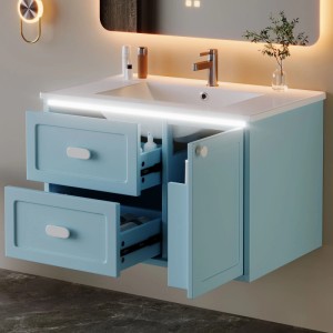 PXloue Waschtisch mit Unterschrank 76 cm Wandhängend Badmöbel Set Keramik Waschbecken LED Sensor Licht Blau