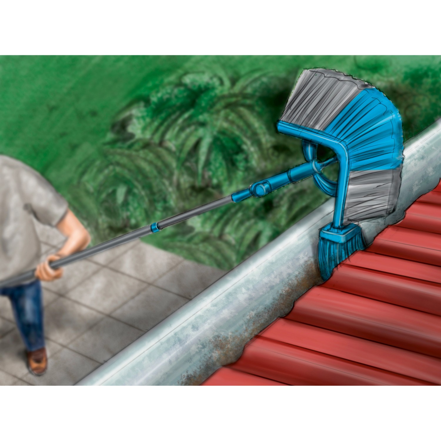 OBI Dachrinnenbesen 2-in-1 mit Teleskopstiel zur Reinigung von Dachrinnen.