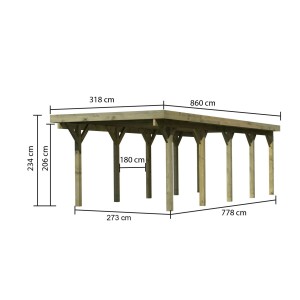 Karibu Einzelcarport Classic 3, Variante A, KDI Grün, mit Maßangaben.