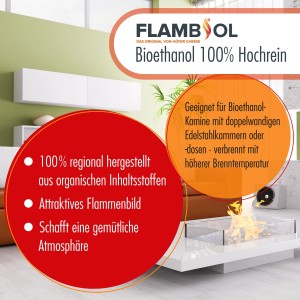 Flambiol Bioethanol 100% hochrein, 6x10L Kanister für Kamine & Feuerstellen.