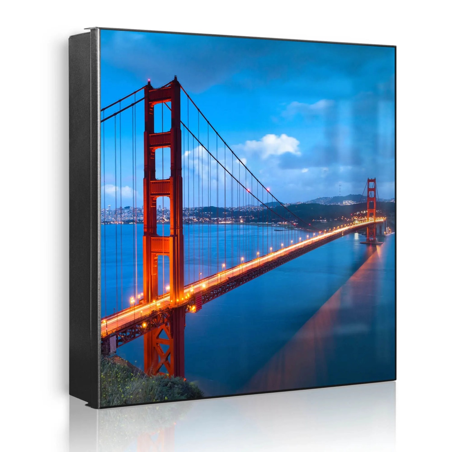 Banjado Großer Schlüsselkasten Metall 30x30cm Schwarz Scharnier Links 50 Haken Beschreibbar Magnetisch Motiv Golden Gate Bridge