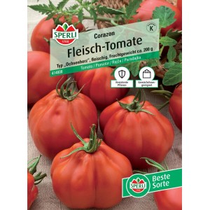 Samenpackung Sperli Fleisch-Tomate Corazon F1-Hybride mit roten, fleischigen Tomaten.
