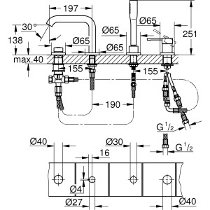 Technische Zeichnung: Grohe Essence 4-Loch Wannenarmatur in Hard Graphite mit Maßangaben.