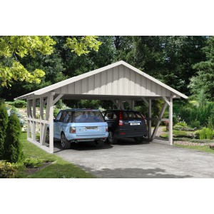 Weißer Skan Holz Carport Schwarzwald mit Dachschalung und zwei geparkten Autos.