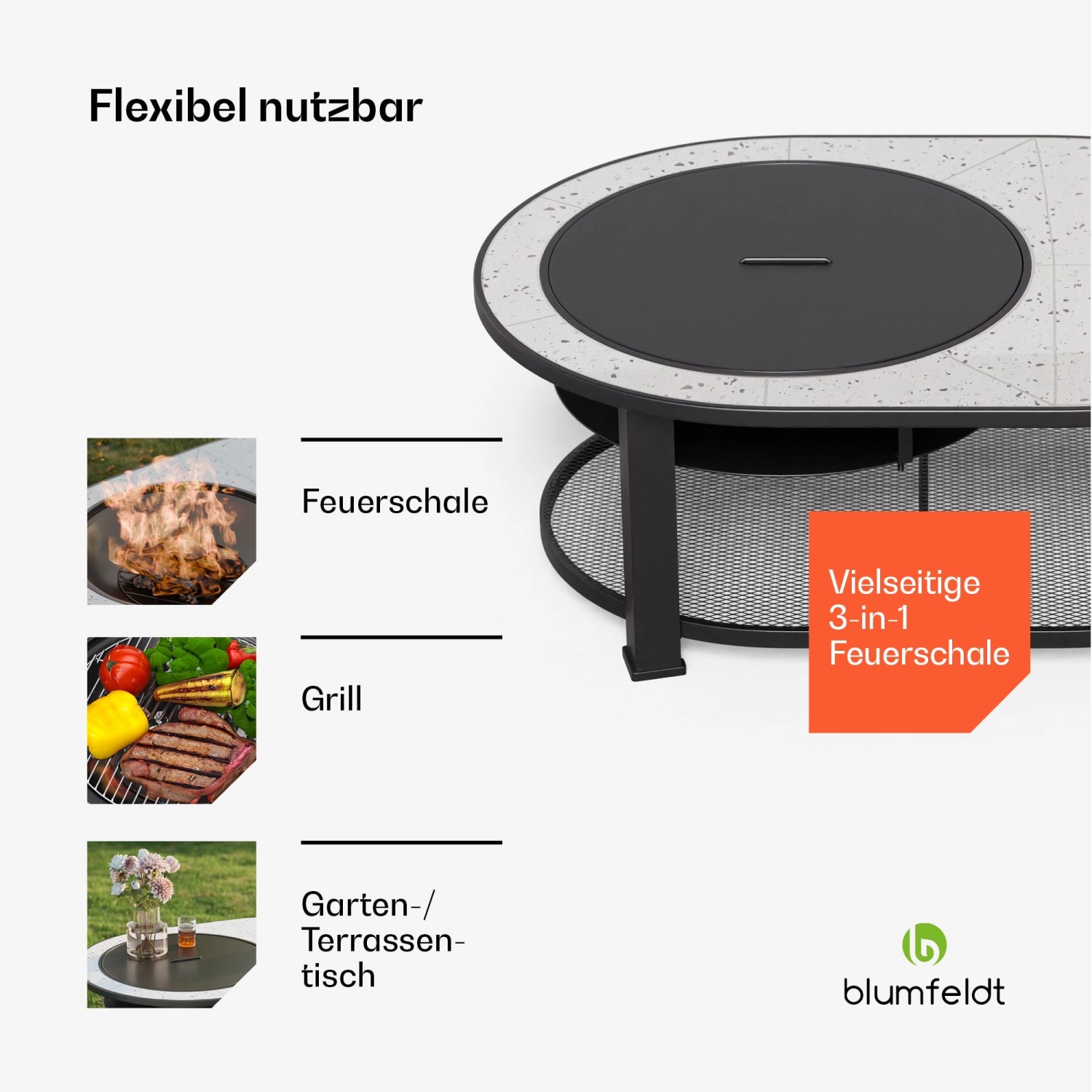 Blumfeldt Merano Circolo L 3-in-1 Feuerschale, Grill und Tisch in Weiß. Vielseitig nutzbar.