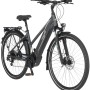 Graues Fischer E-Bike Viator 5.0i mit Trapezrahmen und Gepäckträger.