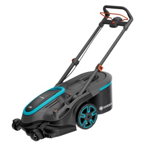 Gardena Akku-Rasenmäher PowerMax Duo 46/36V mit Akku, seitliche Ansicht.