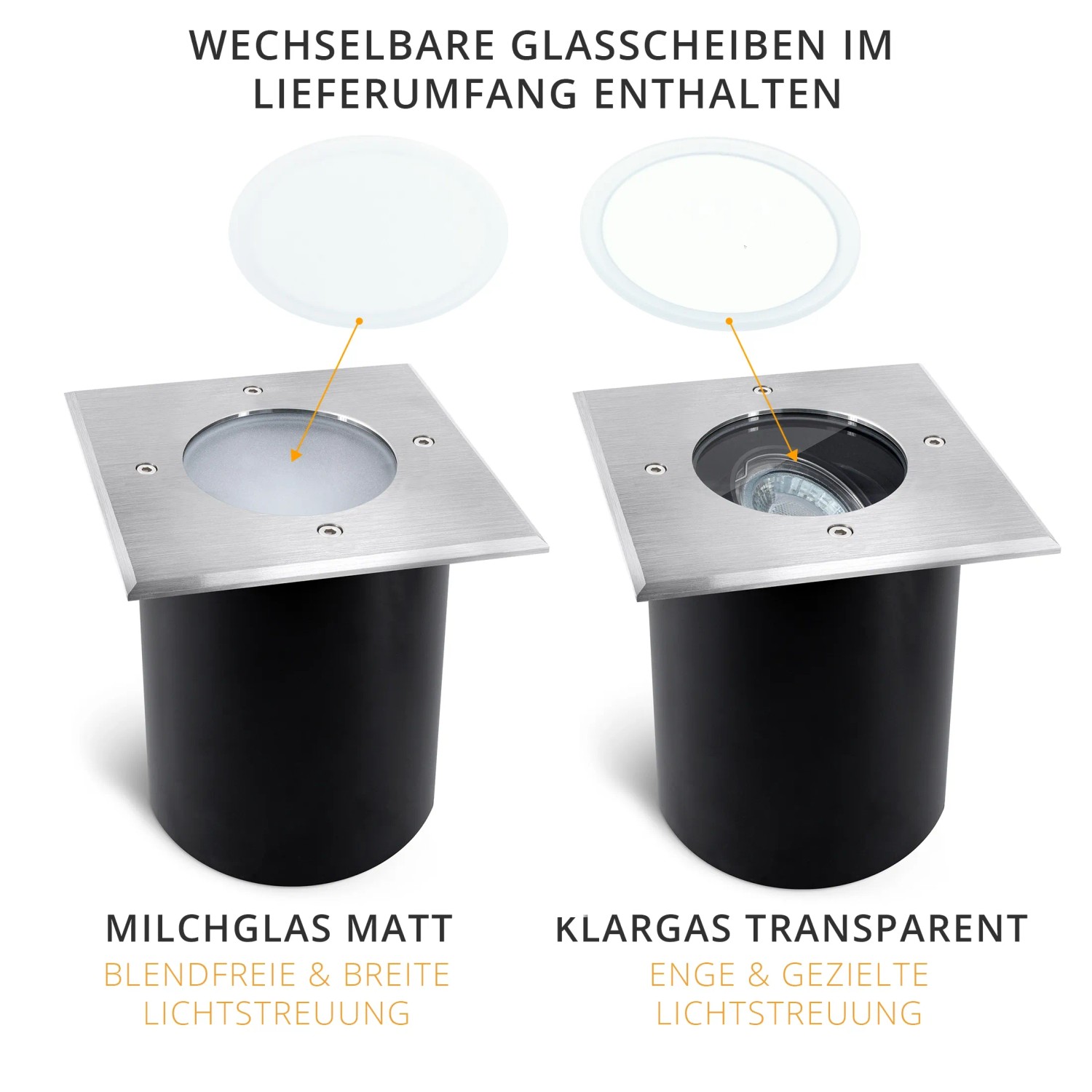 SSC-LUXon Juavi Bodeneinbaustrahler, silber, mit klarem und mattem Glas für Außenleuchten.