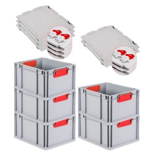 PROREGAL Spar Set: 5 graue Euroboxen mit gelben Griffen und Scharnierdeckel, gestapelt.