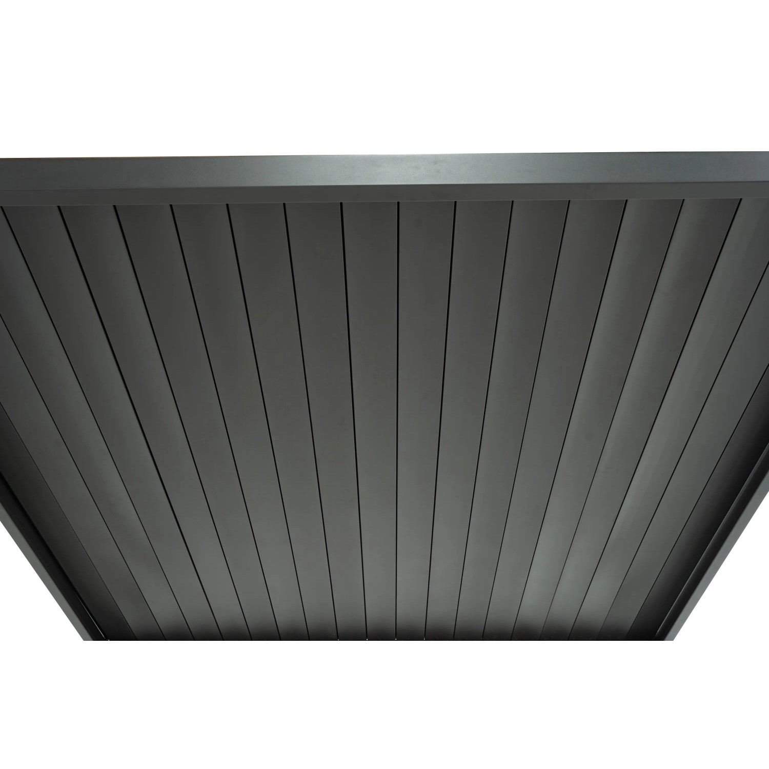 Detailaufnahme der anthrazitfarbenen Mirador Basic Pergola (3x3m) mit Lamellendach.