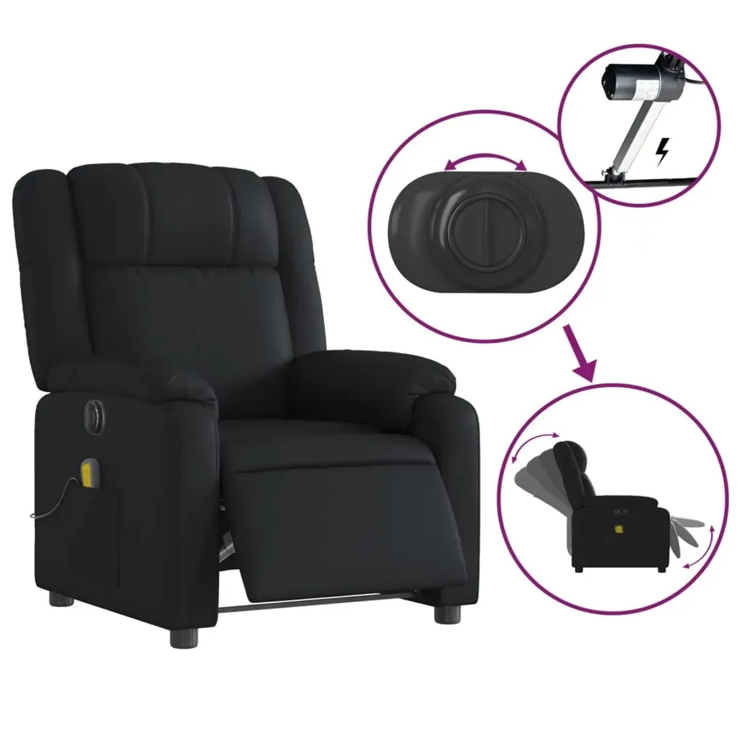 Schwarzer elektrischer Massagesessel aus Kunstleder mit Relaxfunktion und seitlicher Tasche.