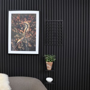 Schwarzes Denpanels Doppelregal mit Deko an Akustikpaneelwand.