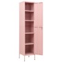 Rosa Schließfachschrank aus Stahl mit offener Tür und 4 Einlegeböden. Ideal als Büroschrank.