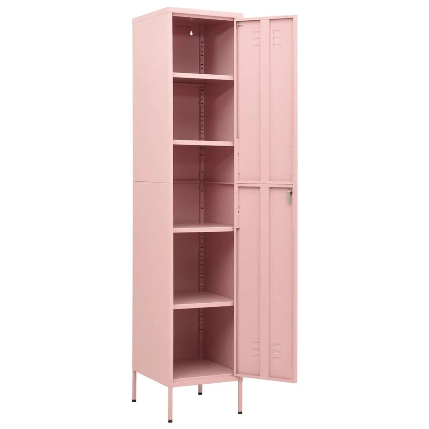 Rosa Schließfachschrank aus Stahl mit offener Tür und 4 Einlegeböden. Ideal als Büroschrank.