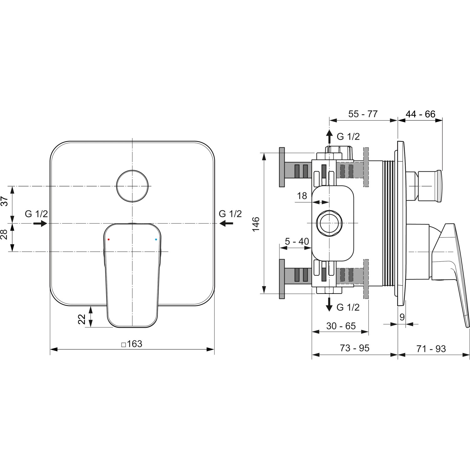 Technische Zeichnung: Ideal Standard Ceraplan Badearmatur, Aufputz, Chrom, Maße und Anschlüsse