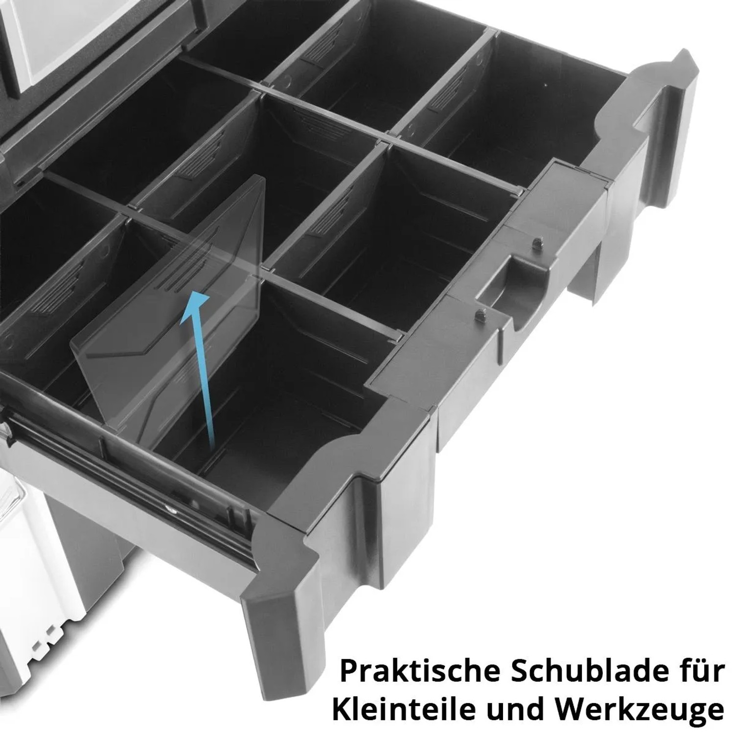 Detailaufnahme: Schublade mit Fächern des STAHLWERK Toolbox Sets für Werkzeug und Kleinteile.