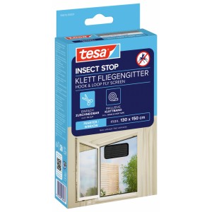 Verpackung des tesa Insect Stop Klett Fliegengitters für Fenster, anthrazit, max. 130x150cm.
