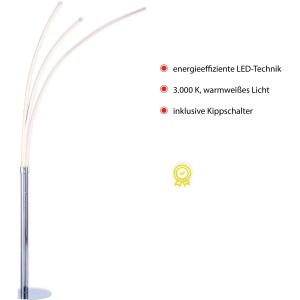 Moderne LED-Stehleuchte Maja Chrom, 215 cm hoch, mit drei Leuchtarmen für warmweißes Licht.
