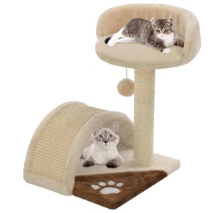 Beiger Kratzbaum mit Sisal, Liegeflächen und zwei Katzen.