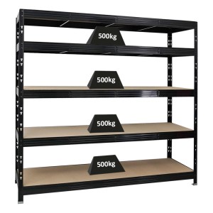 Schwarzes PROREGAL Schwerlastregal mit 5 Spanplatten-Ebenen, Fachlast 500 kg.