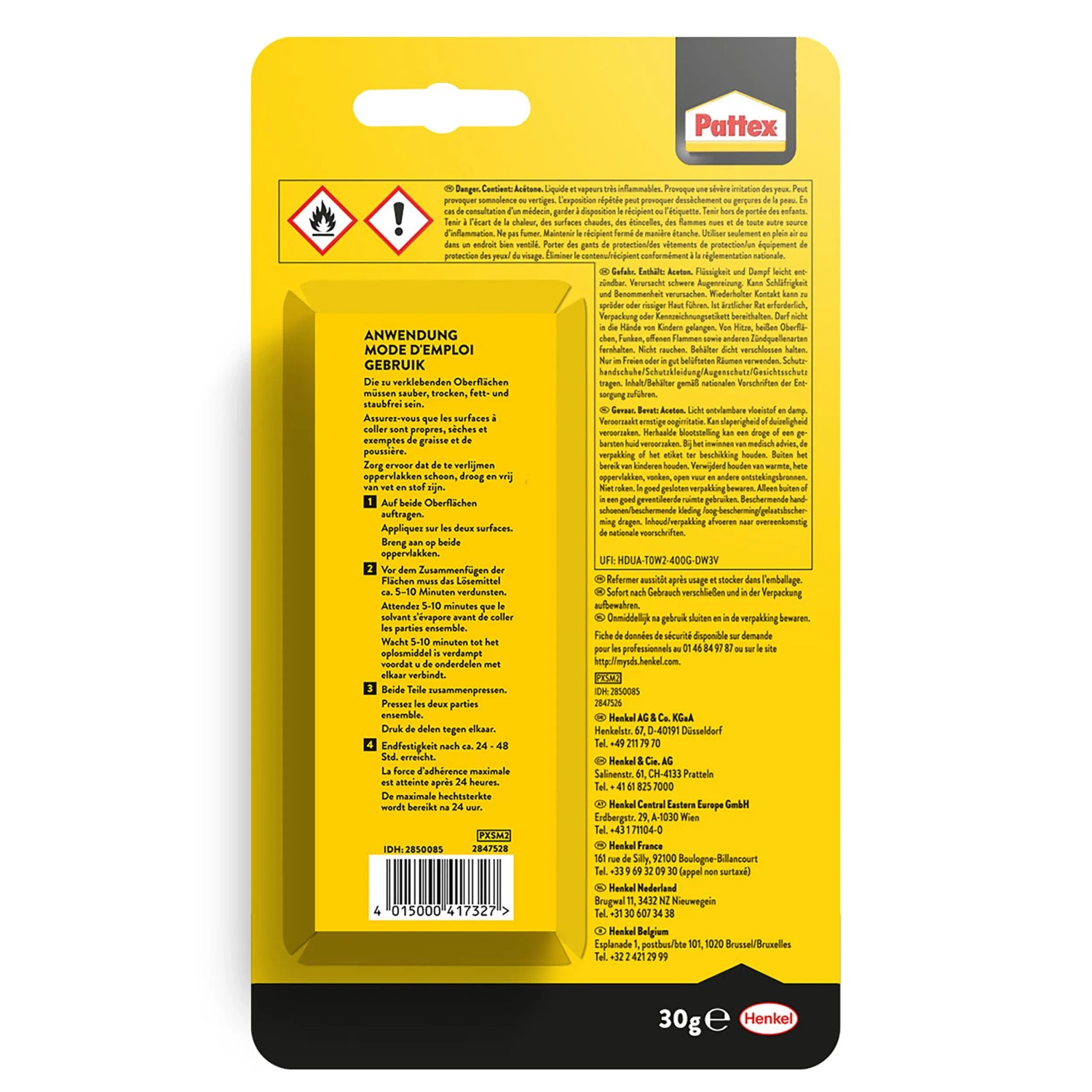 Pattex Special Kleber Kunststoff 30g Tube auf gelber Verpackung mit Warnsymbolen.