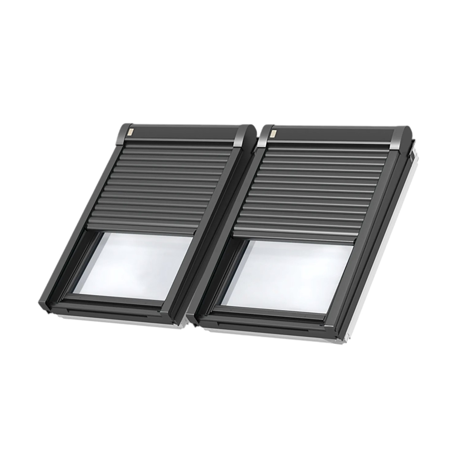 Zwei graue Elektro-Rolläden Modular CK04 Alu für Dachfenster, geschlossen.