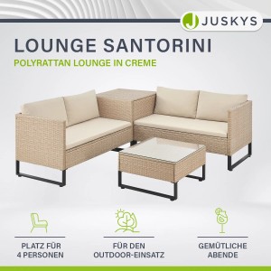Juskys Polyrattan Lounge Santorini Creme Sand: Gartenmöbel-Set mit Tisch und Auflagenbox.