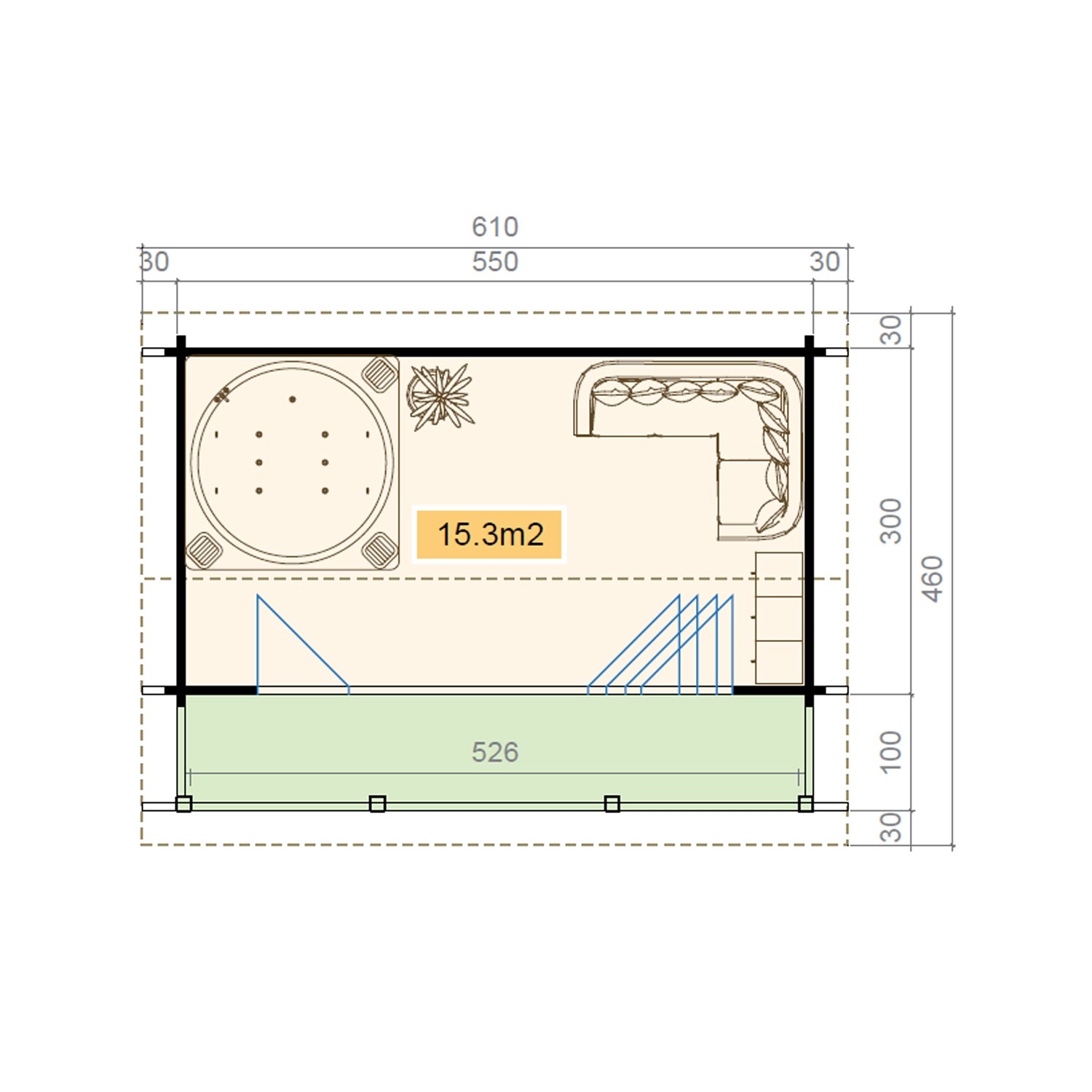 Grundriss Lasita Maja Gartenhaus Lyndhurst: 550x300cm, mit Terrasse, Whirlpool und Sitzbereich.