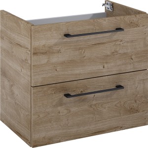 Maximus Waschbeckenunterschrank CHEESE Eiche, 59,6 cm breit, mit zwei Schubladen und schwarzen Griffen.