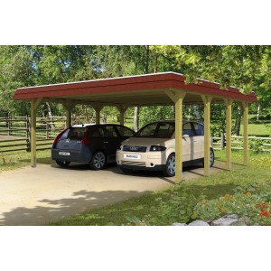 Skan Holz Doppelcarport Spreewald mit Walmdach und roter Blende für zwei PKW.