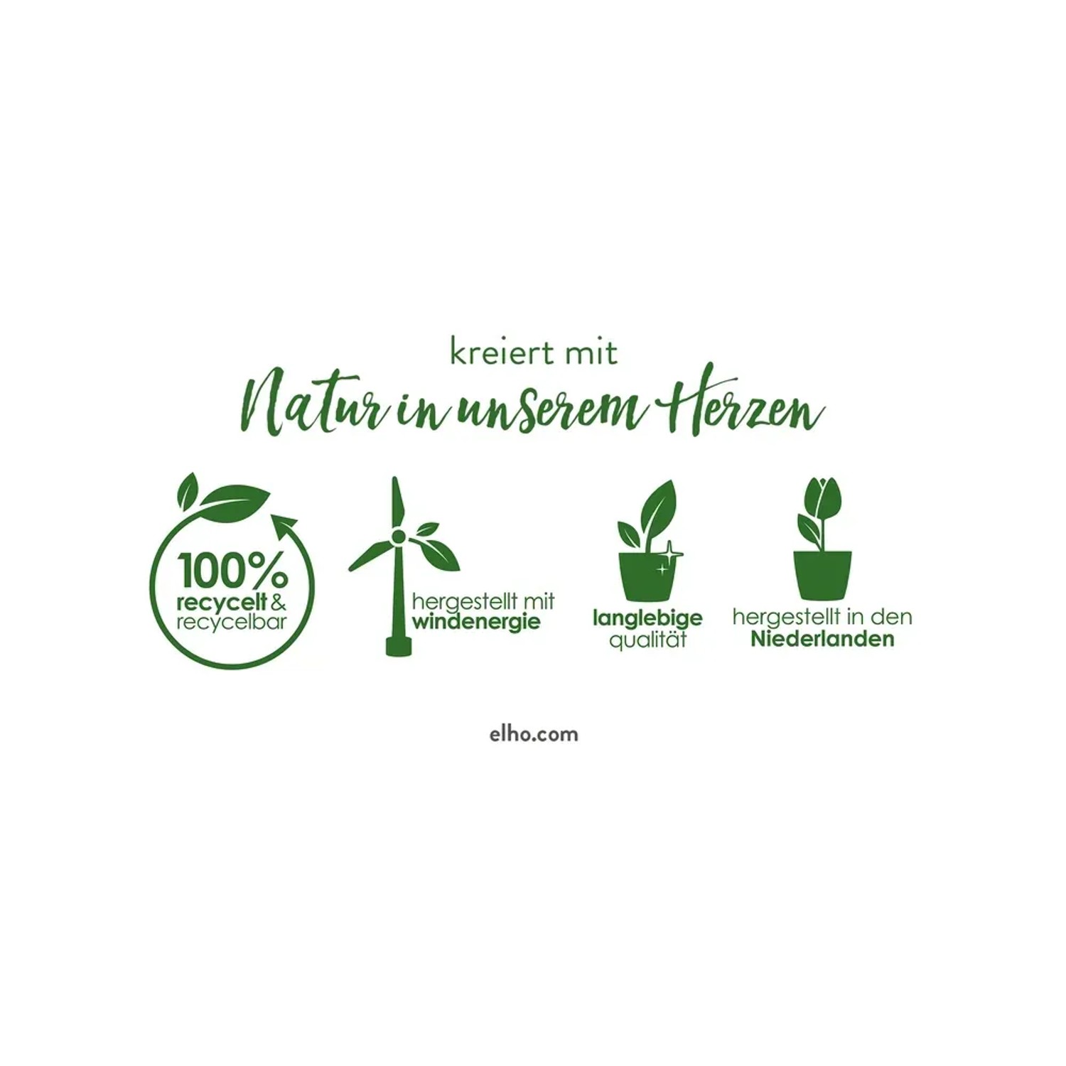 Grafik mit Logos zu Herstellung und Material der Elho Anzuchtschale Green Basics.