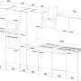 Respekta Küchenzeile 370cm, Weiß Seidenglanz/Eiche York Dekor, ohne E-Geräte. Schemazeichnung mit Maßen.