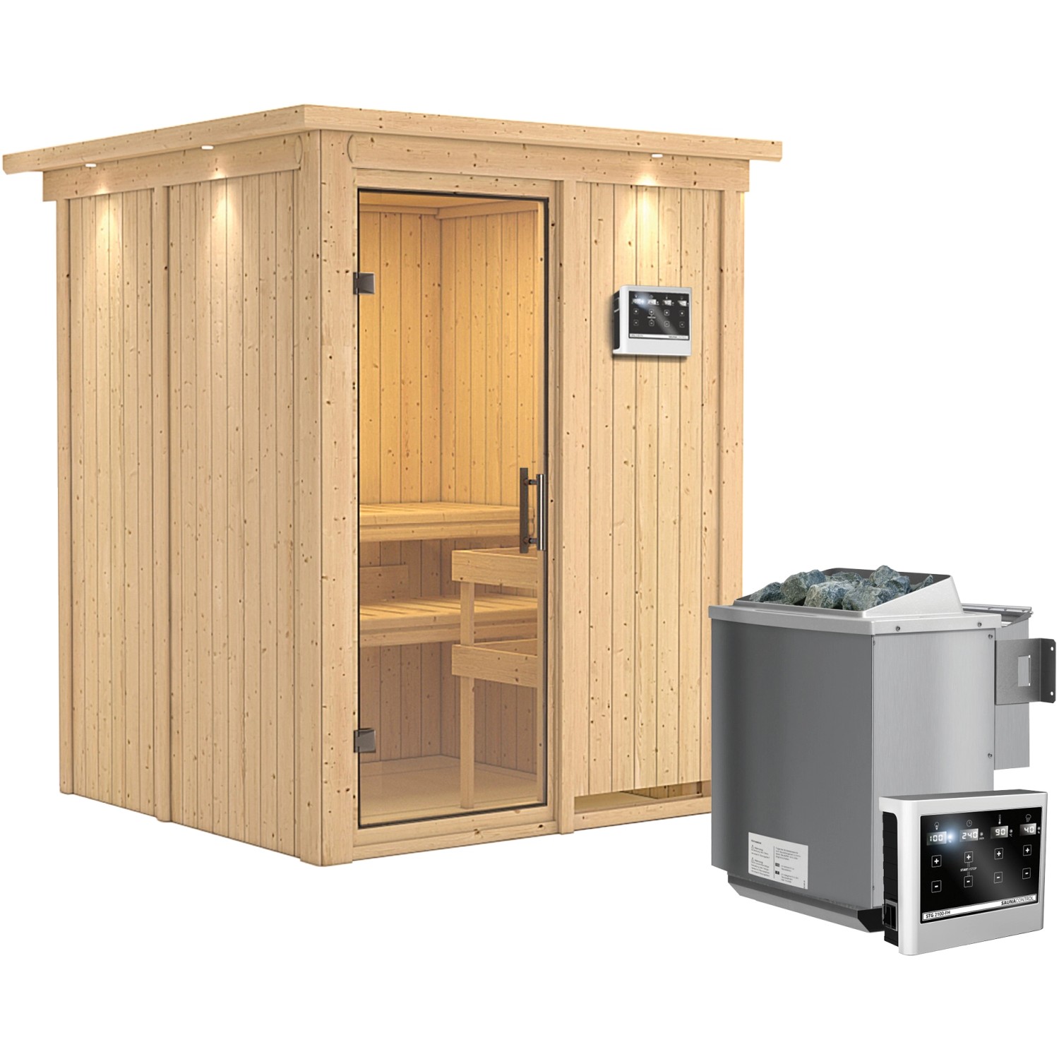 Karibu Sauna Norna, Bio Ofen, externe Steuerung Easy, Glastür, LED-Dachkranz