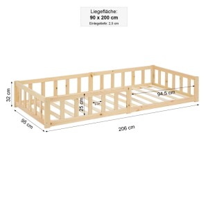 Naturfarbenes Homestyle4u Kinderbett 90x200 cm aus Kiefernholz mit Rausfallschutz. Bodenbett-Rahmen, Maße.