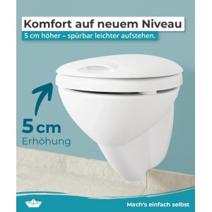 Weißer Calmwaters WC-Sitz mit 5 cm Erhöhung und Griff für mehr Komfort.