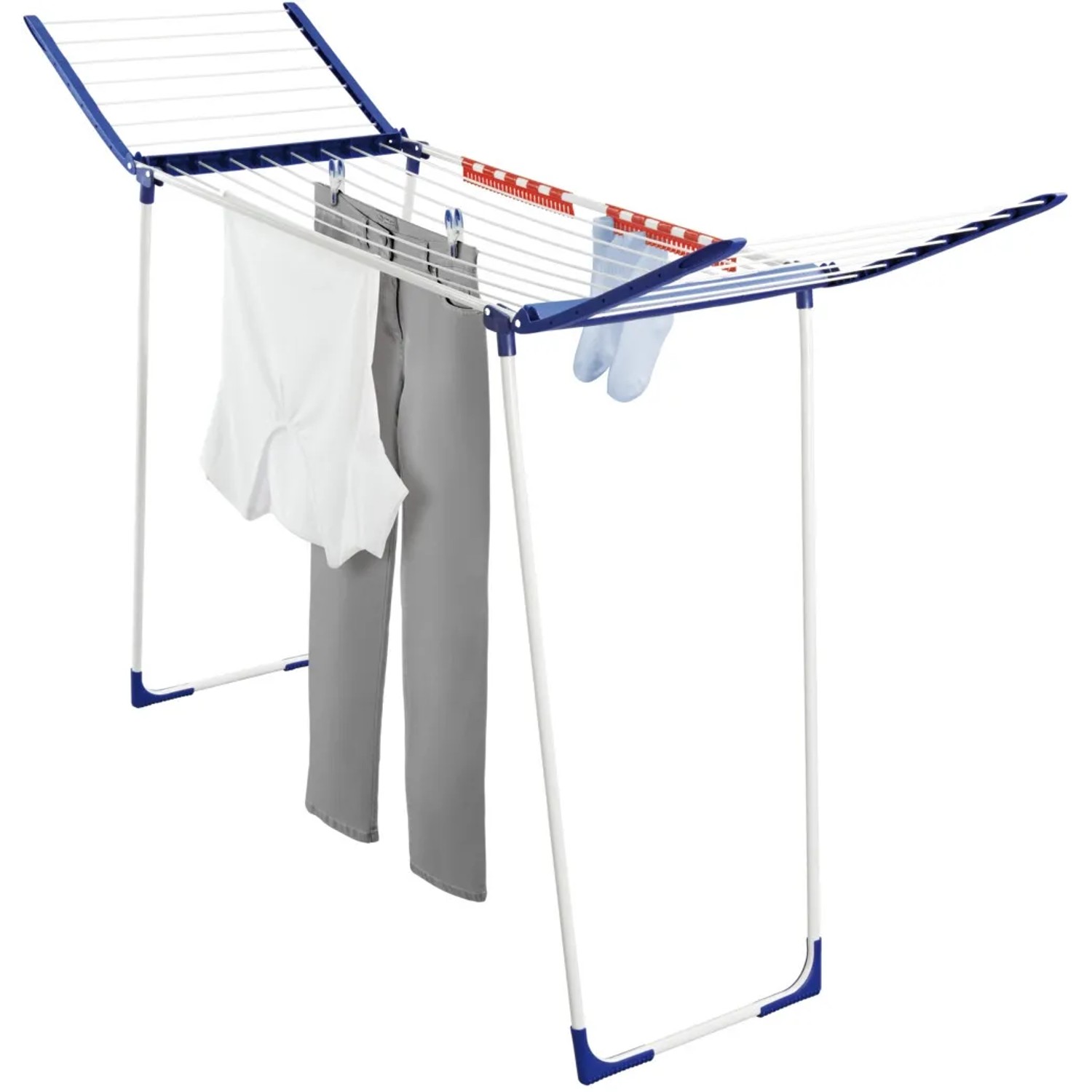 Leifheit Wäscheständer Pegasus Maxx Blau mit Wäsche, extra hoch und stabil für drinnen und draußen.